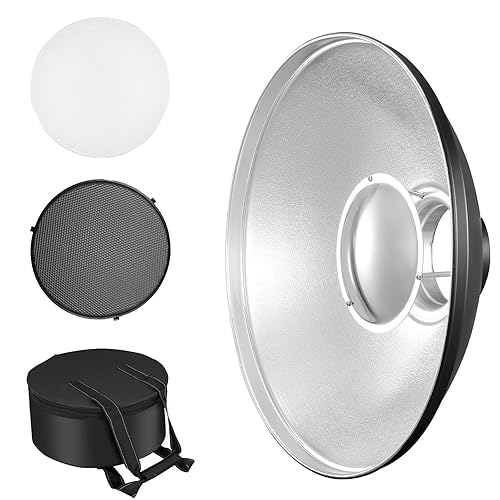 Soonpho Metal Beauty Dish 55 cm/21.6 inch Bowens Mount Reflector with Black Honeycomb Grid,Silver Diffuser and Storage Bag,Photo Studio Strobe Flash Reflector Compatible with NEEWER Godox SK400 SL150 - 55cm/21.6inch - Silver