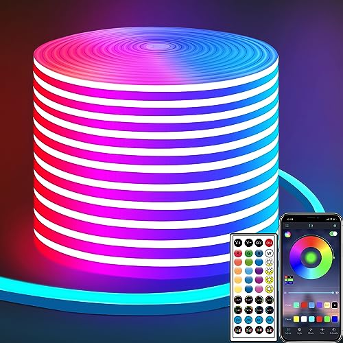 Yeewhale 50ft LED Neon Strip Light with Remote APP Control IP65 Waterproof Flexible neon LED Rope Lights 24V RGB neon LED Lights for Bedroom Room Outdoors Décor - 50ft