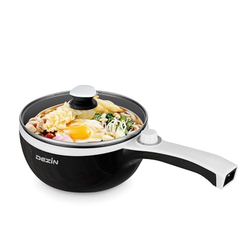 DEZIN Hot Pot Electric Upgraded, Non-Stick Sauté Pan, Rapid Noodles Electric Pot, 1.5L Mini Portable Hot Pot for Steak, Egg, Fried Rice, Ramen, Oatmeal, Soup with Power Adjustment(Egg Rack Included) - C(Black/without Stemaer)