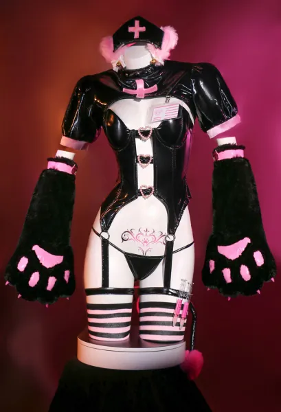 LOVE SHOT Devil Cat Furry Paw Sexy Nurse Lingerie Set Top and Panty with Claws and Thigh Socks