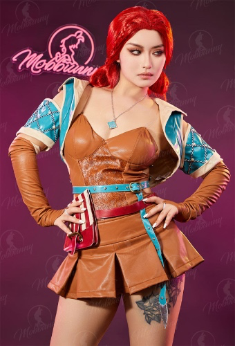 Triss Derivative Sexy Lingerie Costume Outfit High Slit Bodysuit and Skirt Coat with Gloves Belt Bag Necklace