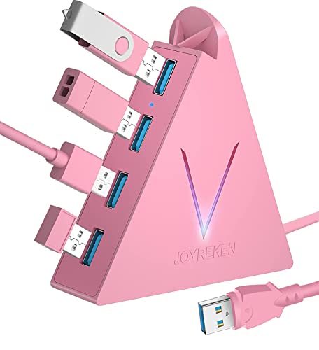 JoyReken 4-Port USB 3.0 Hub, FlyingVHUB Vertical Data USB Hub with 2 ft Extended Cable, for Mac, PC, Xbox One, PS4, PS5, iMac, Surface Pro, XPS, Laptop, Desktop, Flash Drive, Mobile HDD(Pink) - 2FT