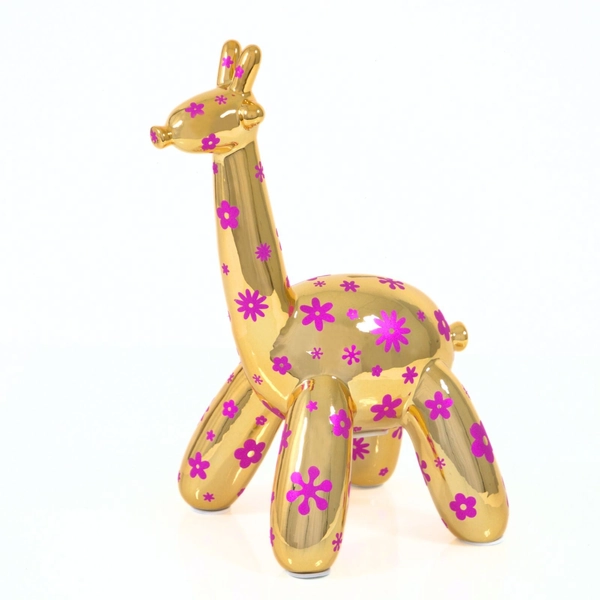 Balloon Money Bank Giraffe w/Decorations - GOLD/Flowers