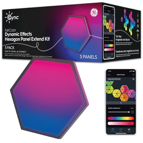 GE CYNC Dynamic Effects Full Color Smart Hexagon Panels Extension Pack, Works with Google Assistant and Amazon Alexa, Bluetooth and Wi-Fi Enabled, Power Supply Not Included (5 Pack)