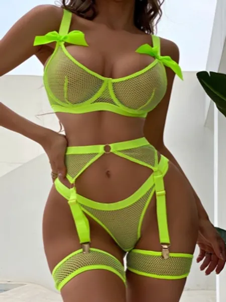 5pack Neon Green Mesh Bow Decor Underwire Garter Lingerie Set & 1pair Leg Ring