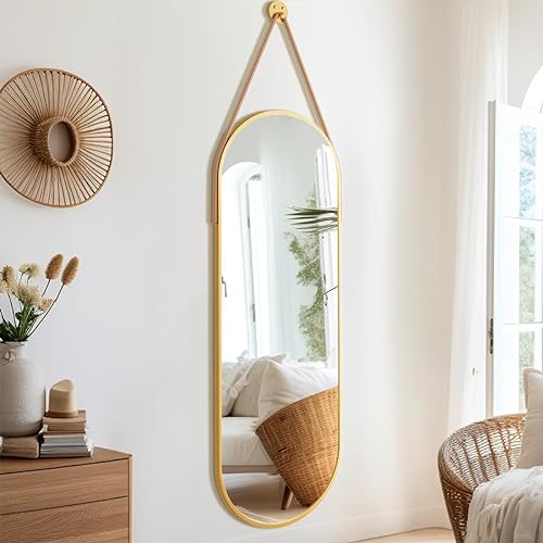 Dewfig 16"x48" Oval Full Length Mirror with Leather Strap Hanging Mirror with Aluminum Frame, Oval Gold Wall-Mounted Mirrors for Living Room Bedroom Entryway Décor, Gold - Gold-oval - 48"L x 16"W