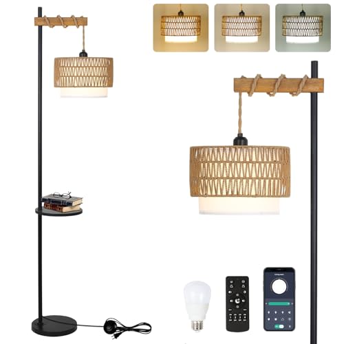 Boho Floor Lamps For Living Room With Remote & Smart Bulb, Rattan Floor Lamp With Shelves, Corner Tall Standing Lamp With Double Shades & Wood Decor, Dimmable Stand Up Lamps For Office Bedroom Nursery