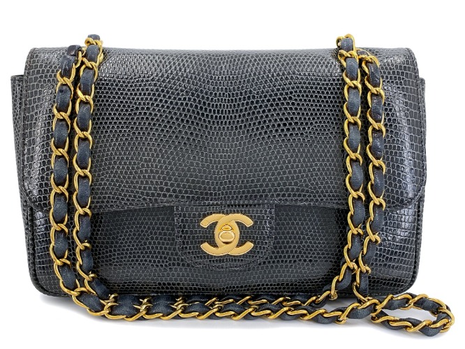 Chanel 1997 Vintage Charcoal Gray Lizard Small Classic Flap Bag 24k GHW PMF | Gray