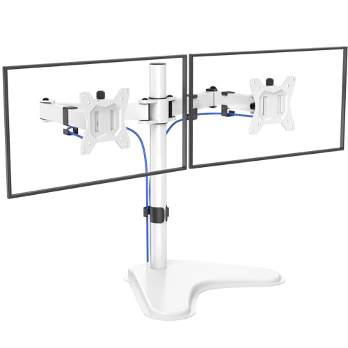 HUANUO Dual Monitor Stand for 2 Screens up to 32 inch, Free Standing Monitor Desk Mount Holds 17.6lbs per Arm, Fully Adjustable Monitor Arm with Tilt, Swivel, Rotation, Max VESA 100x100mm, White - White