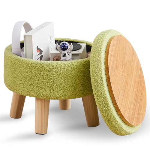 Wimarsbon Storage Ottoman, Modern Round Footrest with Soft Padded Seat, Teddy Velvet Footstool with Wood Legs, Accent Small Table or Plant Stand for Hallway, Living Room (Brilliant Green) - Brilliant Green
