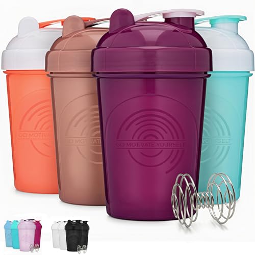 GOMOYO [4 Pack 20 Ounce Blender Shaker Bottle | Protein Shaker Whisk | Protein Drink Shaker Cup | Protein and Pre-Workout Shaker | Dishwasher Safe - 20 Ounces - Coral/White, Purple, Mint/White & Rose