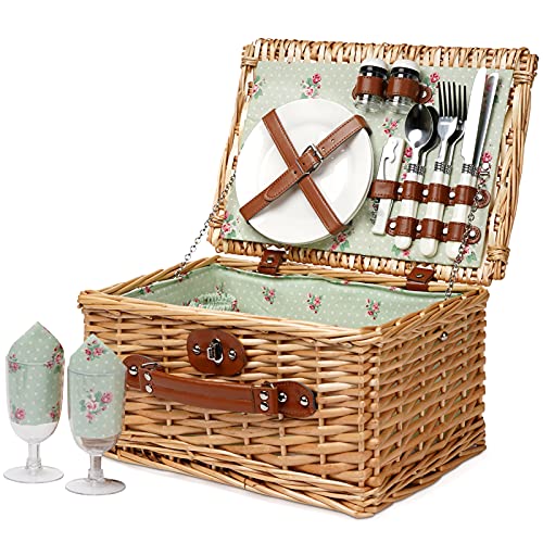 ZORMY Wicker Picnic Basket for 2, Handmade Willow Hamper Basket Sets 2 Person Picnic Basket with Utensils Cutlery Perfect for Picnic, Camping - 023flower