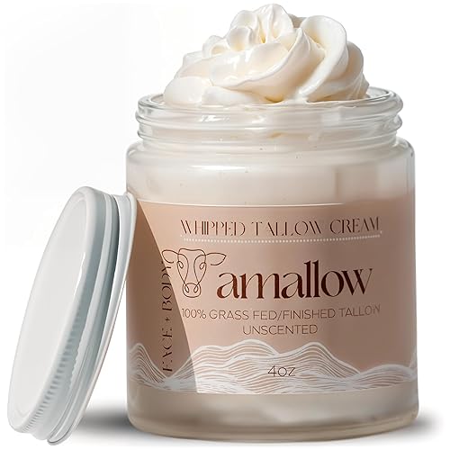 Amallow Whipped Moisturizer for Sensitive Skin, 4 FL. oz. | 100% Grass Fed Beef Tallow for Skin Care, Face + Body - Unscented