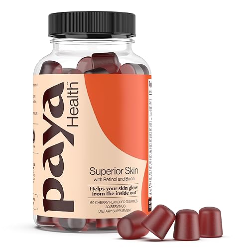 Paya Health Skin Retinol and Biotin Gummies for Clear, Smooth Skin, Healthy Hair & Nails | Supplement with Zinc, Vitamins A, E and C | Non-GMO, Gluten-Free, Cherry Flavor, 60 Count - 60 Count (Pack of 1)