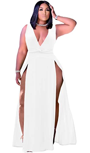 Ekaliy Women's Plus Size Sleeveless Deep V Neck Front Split Long Maxi Wrap Dress - XX-Large - White