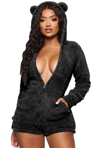 Womens Cartoon Bear Onesise Sleepwear Cute Fuzzy Warm Sherpa Fleece Hooded Romper Short Jumpsuit Playsuit - Black XX-Large