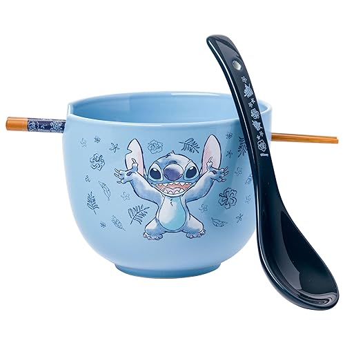 Silver Buffalo Disney Lilo and Stitch Hands Up Leaves and Flowers Ceramic Ramen Noodle Rice Bowl with Chopsticks and Spoon, Microwave Safe, 20 Ounces - Lilo and Stitch Hands Up Spoon