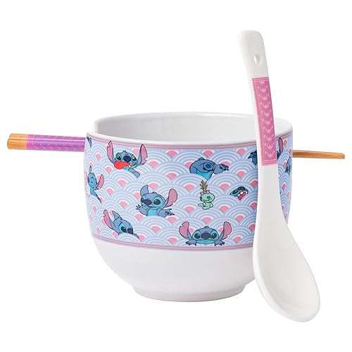 Silver Buffalo Lilo and Stitch Scrump Waves Japanese Pattern Ceramic Ramen Noodle Rice Bowl with Chopsticks and Spoon, Microwave Safe, 20 Ounces - Lilo and Stitch Waves Spoon