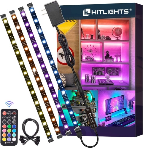 LED Strip Lights, HitLights 4 Pre-Cut 1ft/4ft Small LED Light Strips Dimmable, RGB 5050 Color Changing LED Tape Light with Remote and UL-Listed Adapter for TV Backlight, Bedroom, Cabinet Shelf Display - 4 X 1.0FT (4FT)