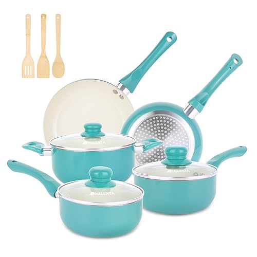 M MELENTA Pots and Pans Set Nonstick, 11pcs Kitchen Cookware Sets Induction Cookware, Ceramic Non Stick Cooking Set, Stay Cool Handle & Bamboo Kitchen Utensils, 100% PFOA Free, Turquoise - Turquoise - 11 Piece