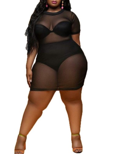 KELOVEPAN Plus Size Womens Sheer Mesh Swimsuit Cover Ups Dress Short Sleeve See Through Dresses for Women Sexy Club - XX-Large Plus Black