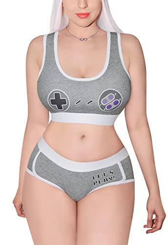 Littleforbig Women Cotton Camisole and Panties Sports loungewear Bralette Set - Let's Play Gamer Girl - 3X-Large - Grey