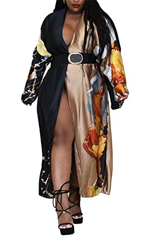 cu4eve Summer Cardigan for Women Lightweight Satin Open Front Long Kimono Swimsuit Cover Ups Silk Robe Plus Size - Black