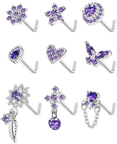 ORAZIO 9Pcs 20G Nose Rings Studs for Women Stainless Steel Nose Stud L Shaped Cute Dangle Nose Rings Butterfly Heart Star Feather Flower CZ L Shaped Nose Ring Studs Silver Dangling Nose Piercing Jewerly - Purple