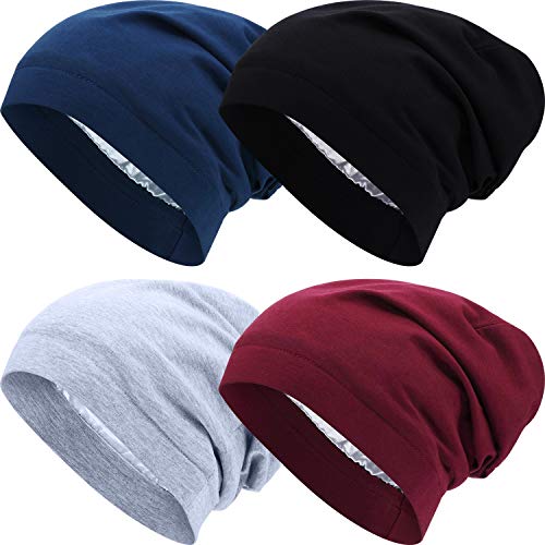 4 Pieces Satin Lined Sleep Cap Slouchy Beanie Hat Night Hair Cap for Women - Wine Red/Black/Navy Blue/Gray