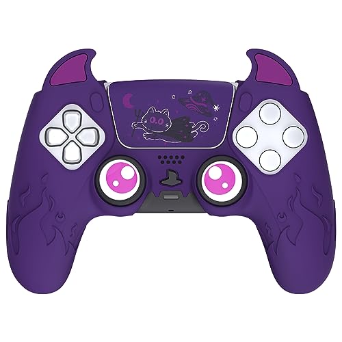 PlayVital Cute Demon Controller Silicone Case for ps5, Kawaii Controller Cover Gamepad Skin Protector for ps5 with Touch Pad Sticker & Thumb Grip Caps - Purple - Purple