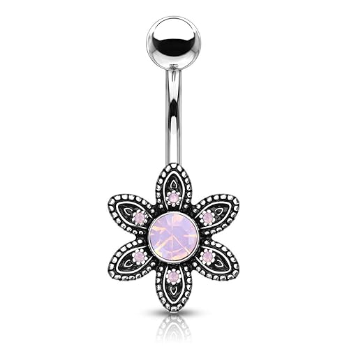 Amelia Fashion 14 Gauge Antique Pink Opalite Crystal Paved Flower Belly Button/Navel Ring 316L Surgical Steel - Antique Silver & Pink