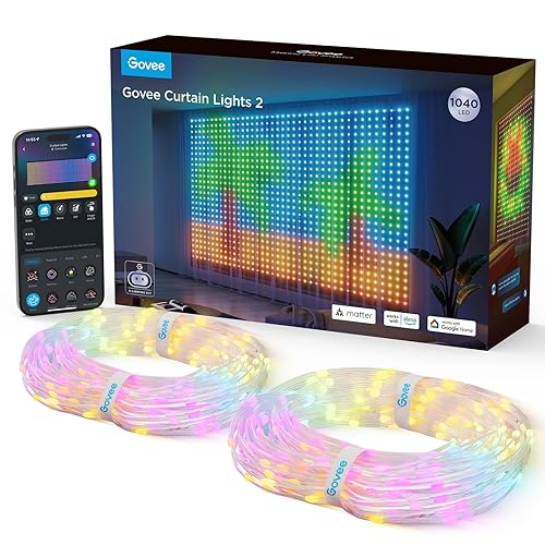 Govee Curtain Lights 2, Smart LED Curtain Lights with DIY GIF AIGC, 1040 LEDs, RGBIC Color Changing Halloween Lights for Bedroom Window Christmas Dynamic Decor, Outdoor IP65 Waterproof, 9.8×6.6ft - 9.8 x 6.6FT