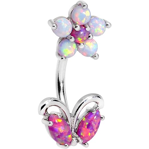 Body Candy Stainless Steel Iridescent Pink White Accent Flourishing Flower Double Mount Belly Ring