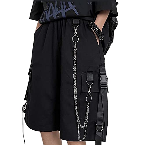 MEINVQIAOTI Schwarze Cargohose für Damen, Street Harajuku, lockere, gerade Shorts, Schwarze Hose mit Ketten - S - Schwarz