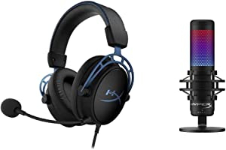 HyperX Cloud Alpha S - PC Gaming Headset, 7.1 Surround Sound, Adjustable Bass, Dual Chamber Drivers, Chat Mixer, Breathable Leatherette, Memory Foam - Blue & QuadCast S – RGB USB Condenser Microphone
