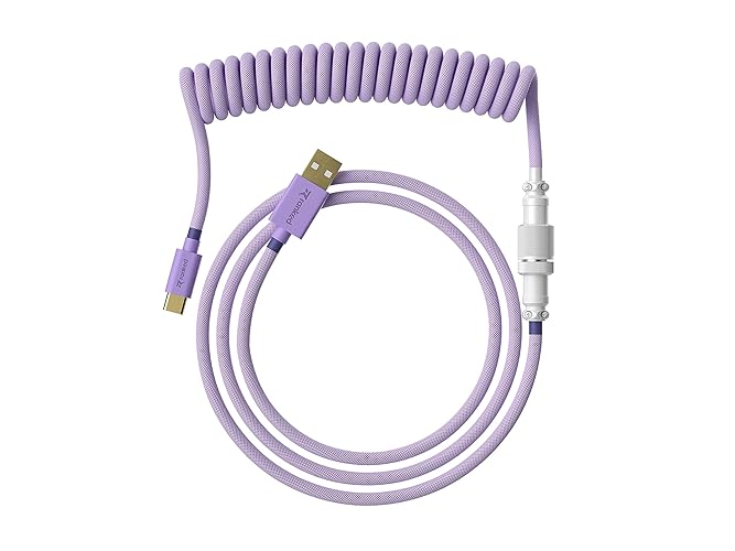 Ranked Coiled Keyboard Cable | Handcrafted Double-Sleeved Braided Cable | USB Type C to A | 5-Pin Aviator Connector for Custom Mechanical Gaming Keyboard | Support Fast Charge 20W (Lavender) - Coiled - Lavender