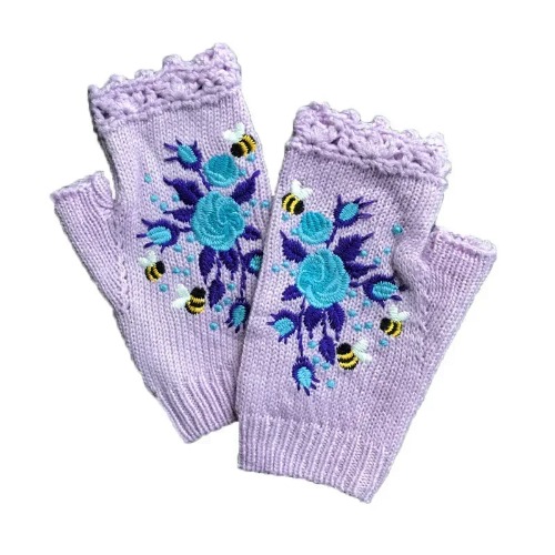 Cozy Floral Half Finger Knitted Gloves - Light purple / One Size