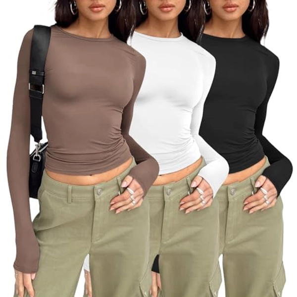 AUTOMET Womens 3 Piece Long Sleeve Shirts Basic Crop Tops Going Out Fall Fashion Underscrubs Layer Slim Fit Y2K Tops