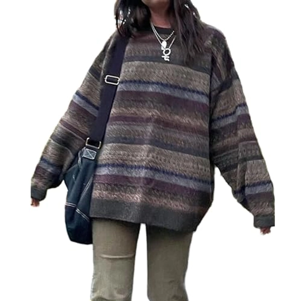 Women Y2K Striped Sweater Crew Neck Long Sleeve Knitted Pullover Tops Teen Girls Vintage Aesthetic Preppy Sweater