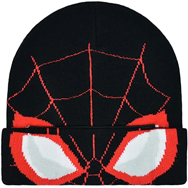Concept One Marvel Spider-Man Miles Morales Roll Down Cuff Beanie Hat, Knitted Winter Skull Cap