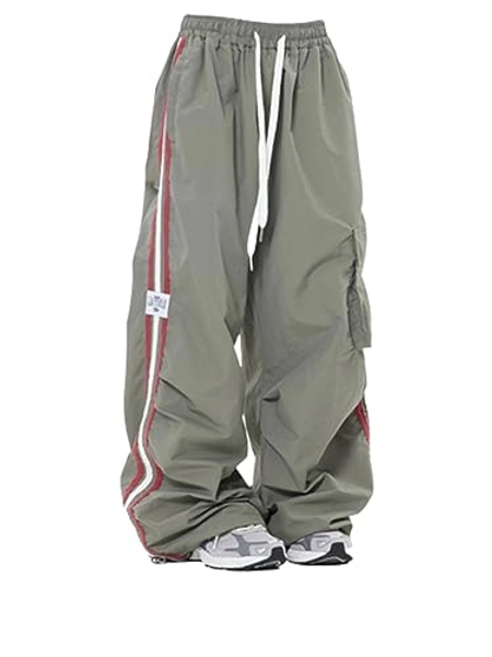 Ponitrack Baggy Parachute Cargo Pants Y2K Women Wide Leg Casual Pants Loose Striped Casual Drawstring Trousers