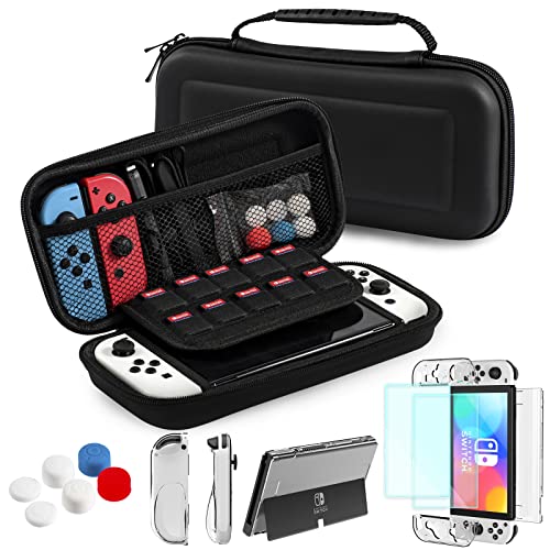 Teyomi Étui Compatible avec Nintendo Switch OLED, Coque Switch OLED Transparente, Switch OLED Accessoires Bundle avec étui, Film de Protection, Coque pour Joy-Con, Capuchon de Joystick (Noir) - Noir