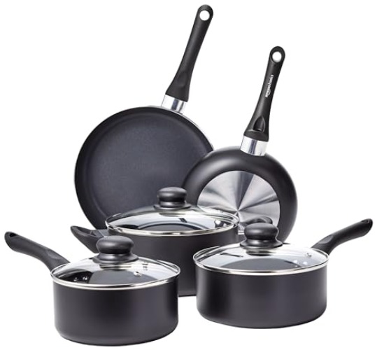 Amazon Basics 8-Piece Non-Stick Cookware Set, Black - 8-Piece - Single