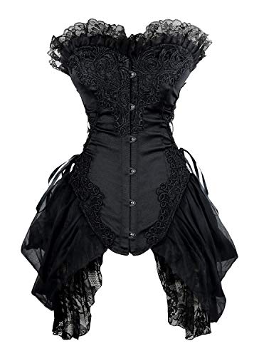 Charmian Women's Sexy Strapless Floral Embroidery Gothic Corset with Lace Skirt - Small - Black