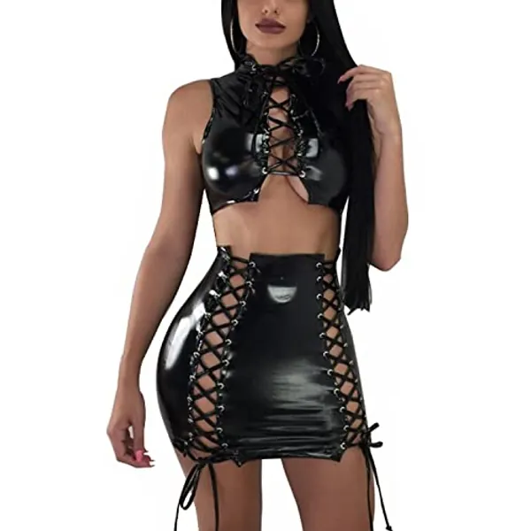 VWIWV Women's Bandage Faux Leather Dress Criss Cross 2 Piece Lace Up Crop Top and Bodycon Mini Skirt Sets Outfits