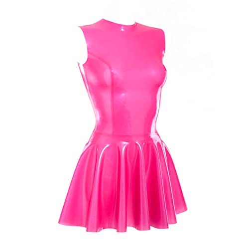Rose Red Latex Dress Back Zipper Sleeveless Pleated Skirt Club Party Wear Costume - X-Large - Black