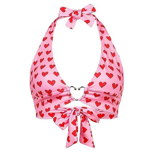 OKGD Sexy Wrap Profundo Cuello en V Estampado de Corazón Halter Crop Tops Mujeres con Anillo Sin Espalda Camiseta Sin Mangas Mujer Chaleco Corto Sin Mangas-Rosa-M - M - Pink