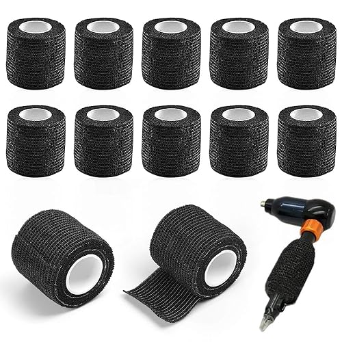 mizikuu 12 Piezas Cubierta de Agarre De Tatuaje, Cinta Tatuaje de Agarre de Tatuaje 5cm x 4,5m Vendaje Adhesivo Tubo de Agarre De Mango Para Accesorios De Agarre De Máquina De Tatuaje, Negro