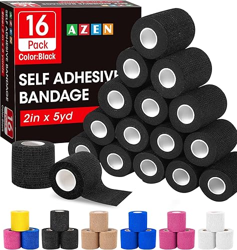 AZEN 16 Pack Self Adhesive Bandage Wrap Black, 2" X 5 Yards Black Athletic Tape, Vet Wrap, Tattoo Grip Tape Wrap，Ankle Tape, Cohesive Bandage Wrap - A-16black - 2IN
