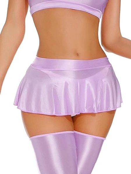 FEOYA Women Shiny Mini Skirt Sheer See Through Pleated Skirt Oil Glossy Skirt for Club Party Cosplay